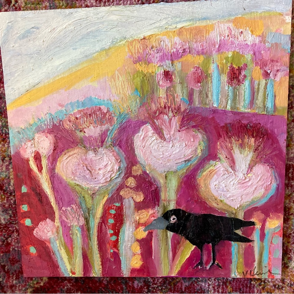 The Scarlet Forrest 2 ”An Original Oil Painting 12”x12 Crow on Birchwood - Picture 10 of 11